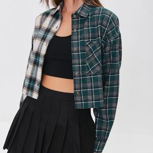 F21 oversized colorblock plaid flannel | Hunter green and cream | Size: S